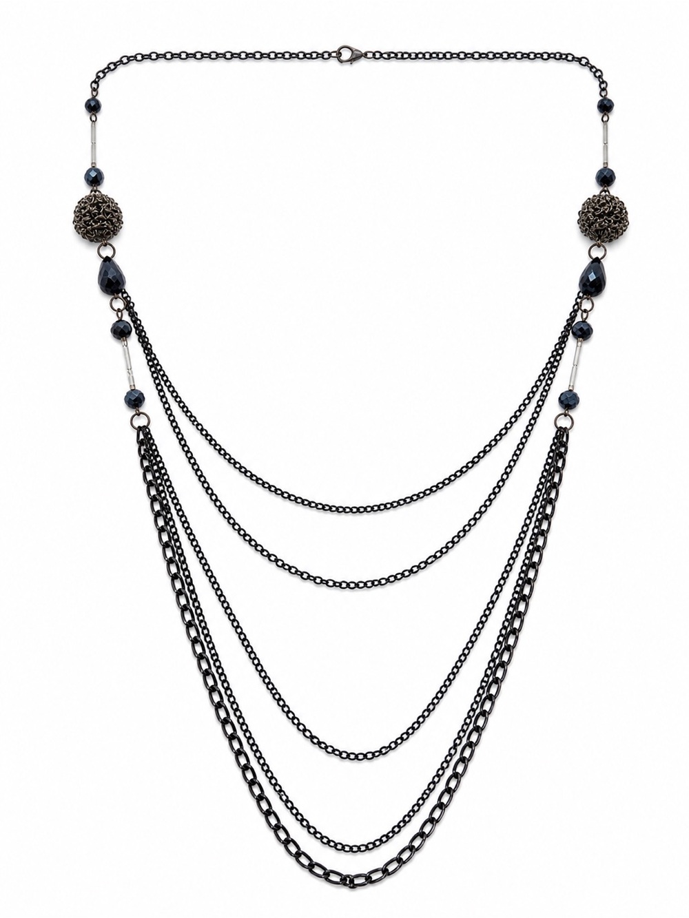 Multi-Layer Gunmetal Necklace with Dark Blue Beads